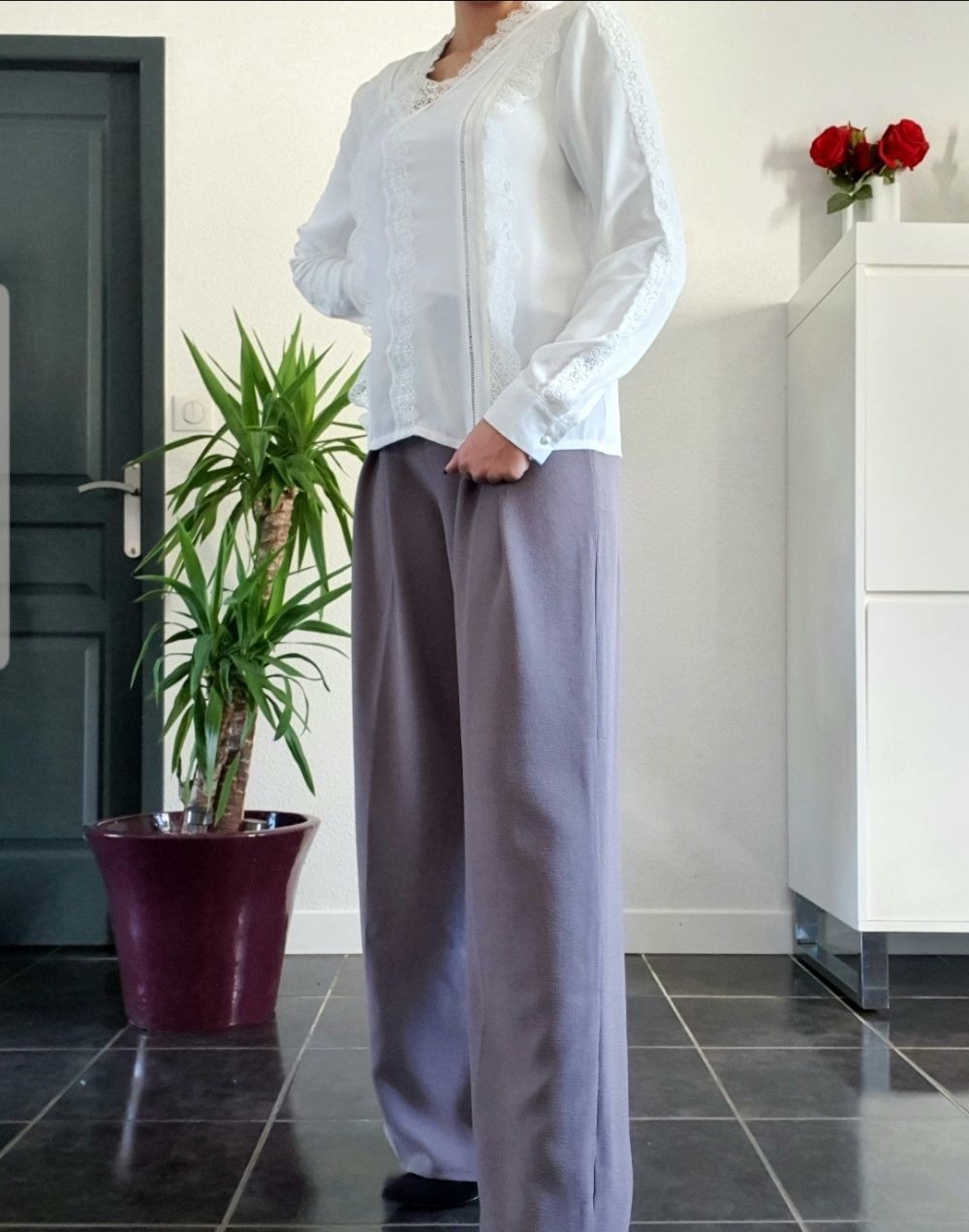 Chemisier,Chemisier blanc en maille et dentelle pour femmes,chemise